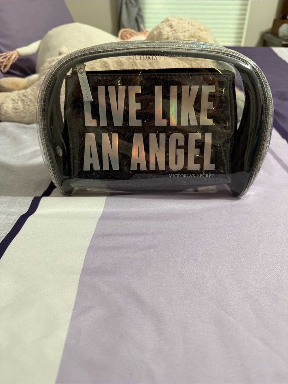 Victoria's Secret Clear Cosmetic Bag with two Holographic Black Pouch